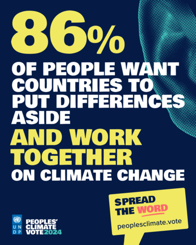 Blue infographic sharing 86% of people want countries to put differences aside and work together on climate change