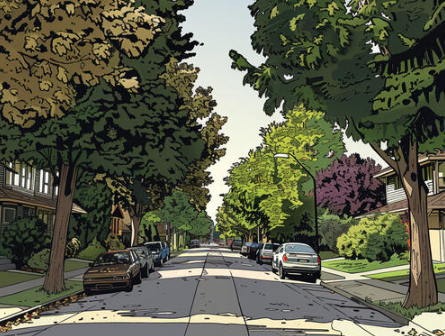 Drawing of city street with trees and cars