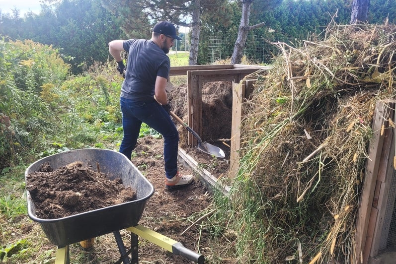 A man shovelling a compost pile