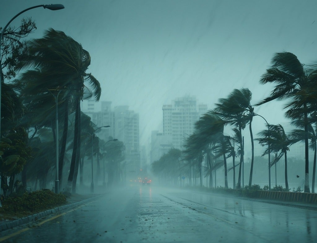 Palm trees blowing in storm (AI generated).