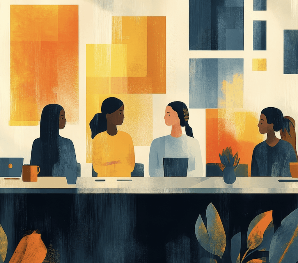 Illustration of people sitting a long table