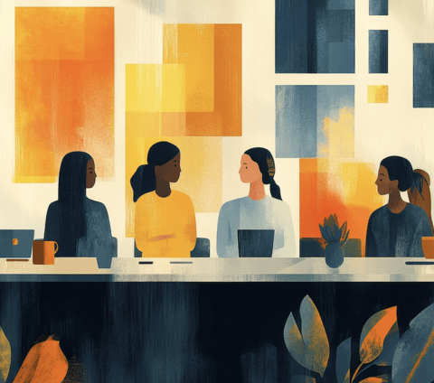 Illustration of people sitting a long table