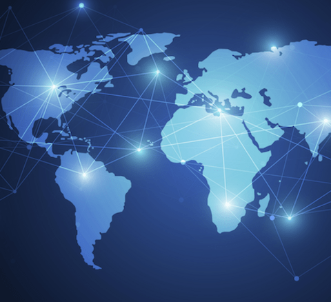 Blue world map with dotted lines connecting locations.