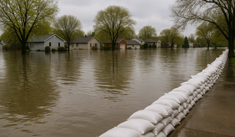 Line of sandbags on flooded residential street
