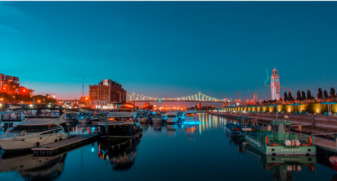 Montreal bridge lit up at night