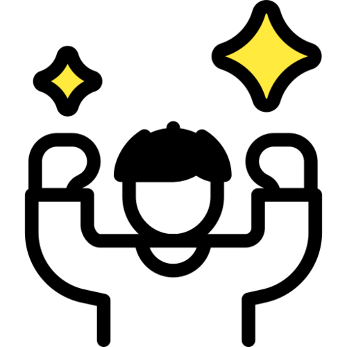 Illustration of a person with their hands up and stars in the background