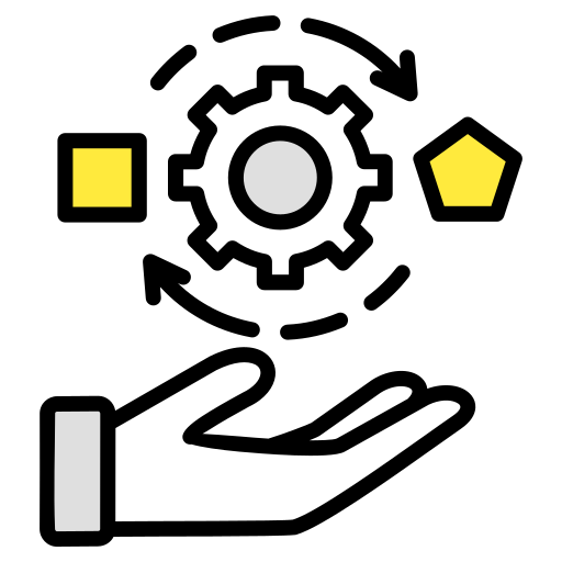 Illustration of a gear surrounded by changing shapes held by a human hand