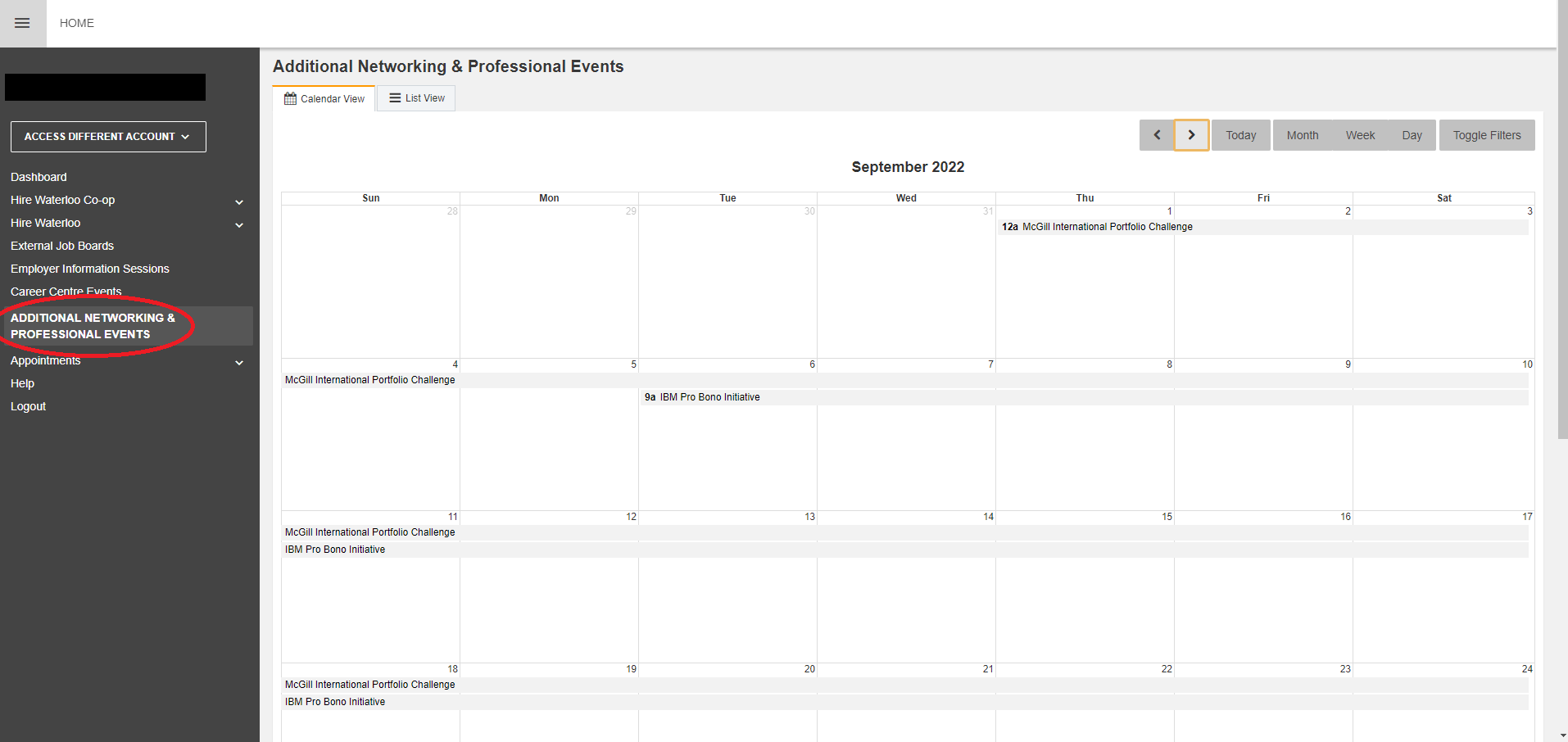 Screenshot of WaterlooWorks page, outlining &quot;Additional Networking and Professional Events&quot; tab.