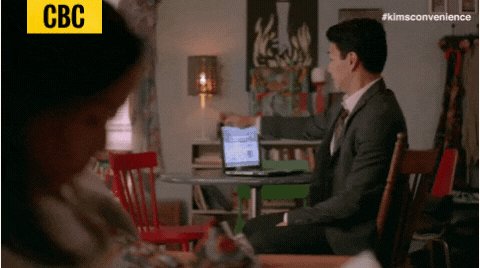 GIF of a man closing laptop and standing up to leave, with the caption &quot;Break time&quot;, the text &quot;#kimsconvenience&quot; on the top right, and the credit tag &quot;CBC&quot; located on the top left.