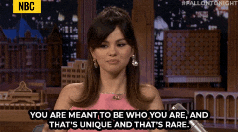 GIF of Selena Gomez speaking, with the caption &quot;You are meant to be who you are, and that's unique and that's rare&quot;&quot;, and the credit tag &quot;NBC&quot; located on the top left.