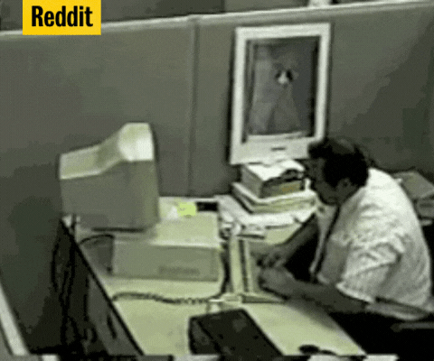 GIF of a man slamming his keyboard and then hitting his monitor with the keyboard, and the credit tag &quot;Reddit&quot; located on the top left.