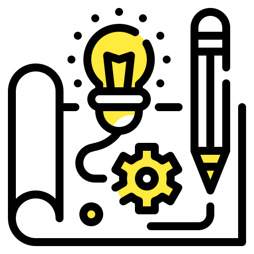Illusttration of a paper, light-bulb, pencil and gear symbolsing creativity