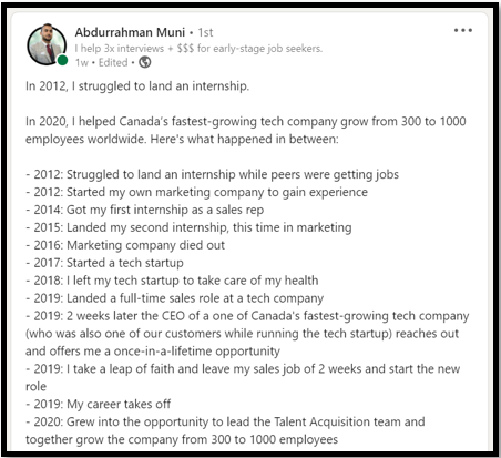 An screenshot of a LinkedIn post, where the person shared their personal career journey by timeline.