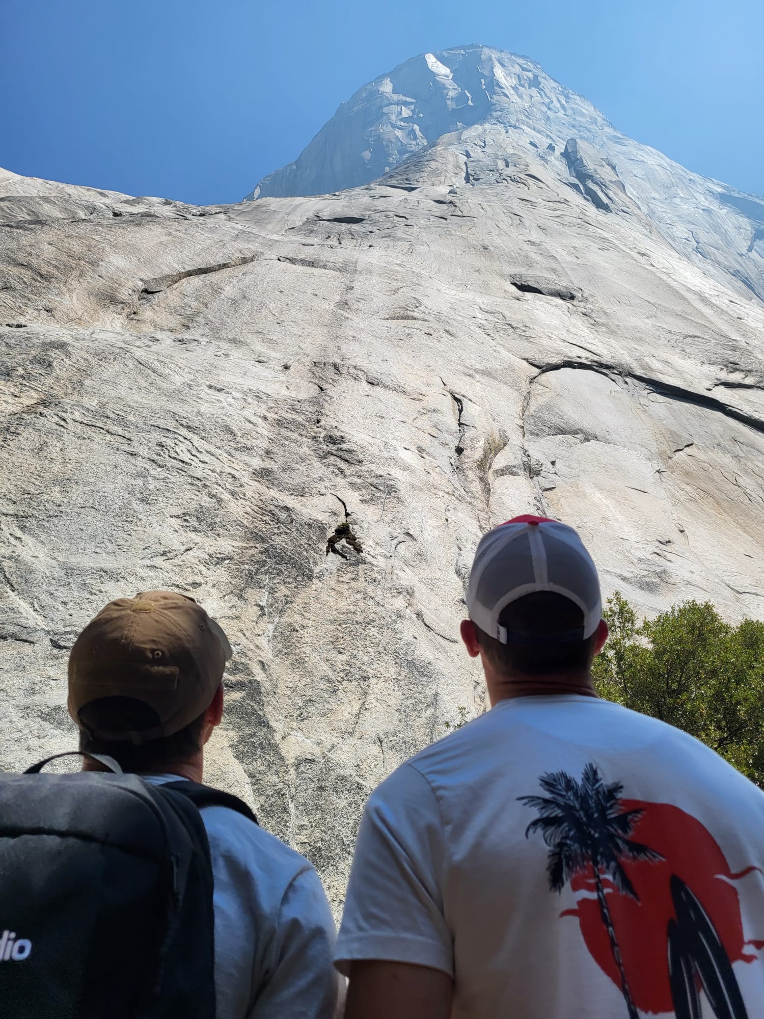 Two people looking up at the cliffs of Yosemite.
