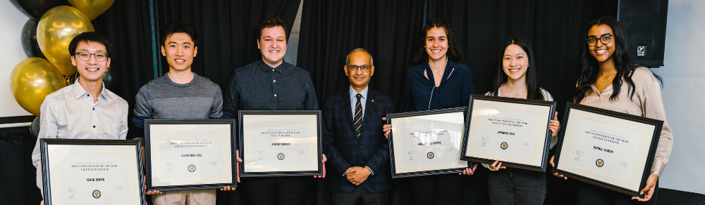 Group photo of the six co-op students of the year with their plaques and Vivek Goel.