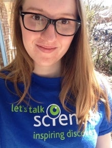 Samantha Fowler wearing &quot;Let's talk science&quot; t-shirt