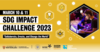 SDG Impact Challenge 2023 banner with a photo of a male student at a hackathon event and icons representing sustainability