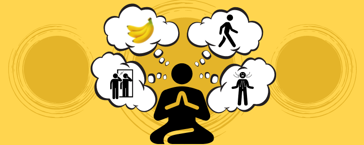 Listing page image for pre-interview ritual blog, a meditating icon, with thought bubbles around it