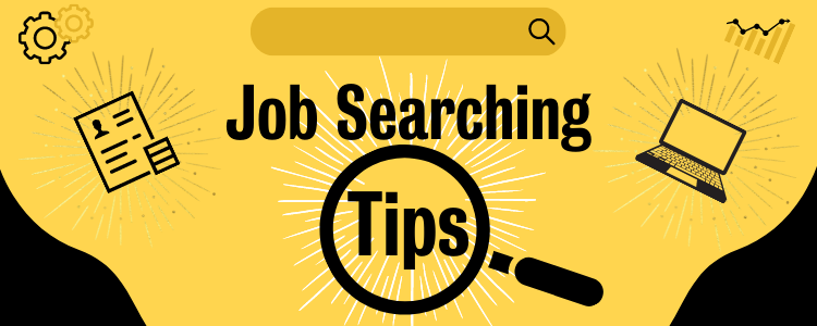 The text "Job searching tips" (in the middle), "tips" in a magnifying glass. A search bar at the top, and four business icons.