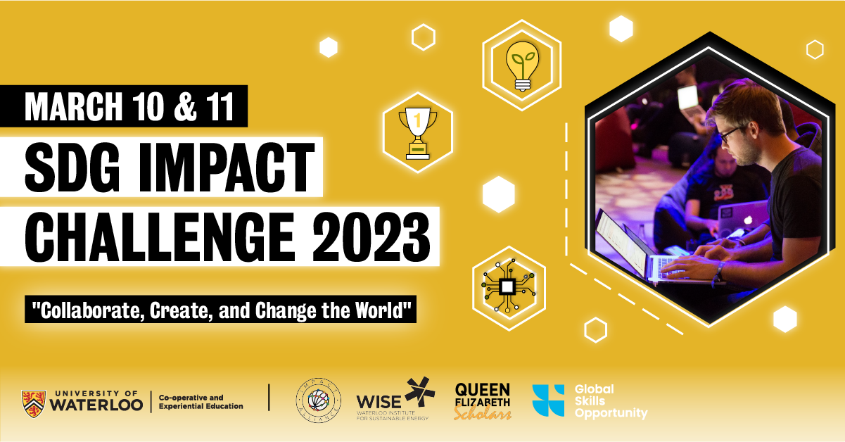 SDG Impact Challenge 2023 banner with a photo of a male student at a hackathon event and icons representing sustainability