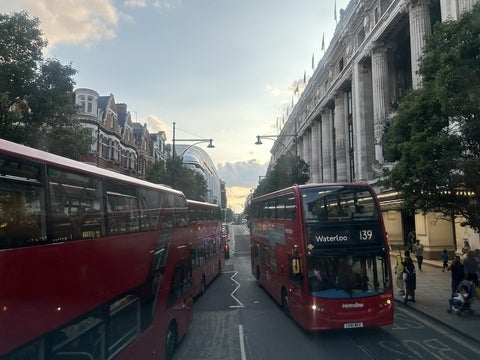 Double decker busses in London, England