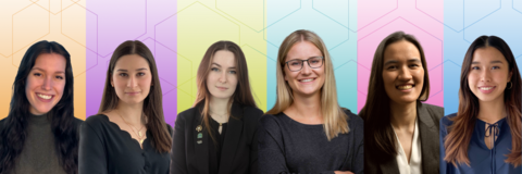 Collage of Waterloo's 2021 co-op student of the year award recipients with faculty colours in the background