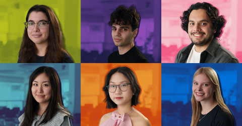 Collage of co-op of the year winners with faculty colours behind them