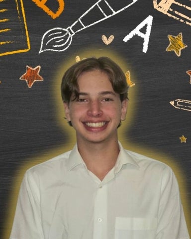 Adam Kafi smiling/posing in front of arts-related icons 