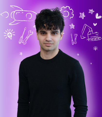 Aiden Sarrafzadeh posing in front of engineering related icons