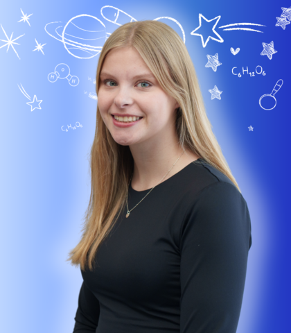 Allysa Greidanus smiling in front of Science related icons