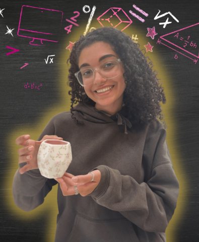 Carole Hanna posing in front of Math related icons