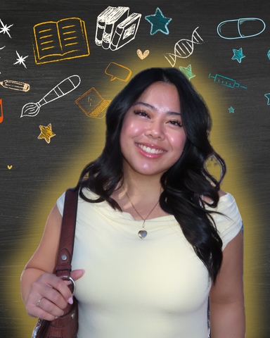 Christelle Marie Berroya smiling in front of health and arts related icons