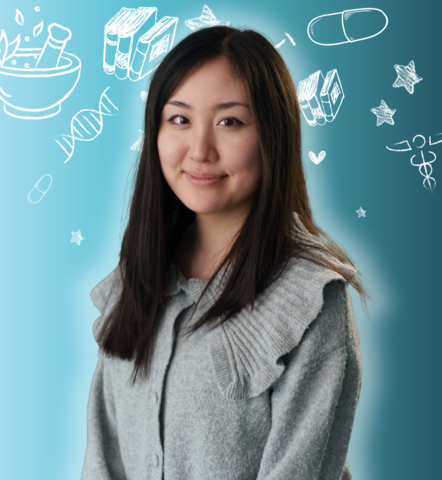 Christina Yang posing in front of health related icons