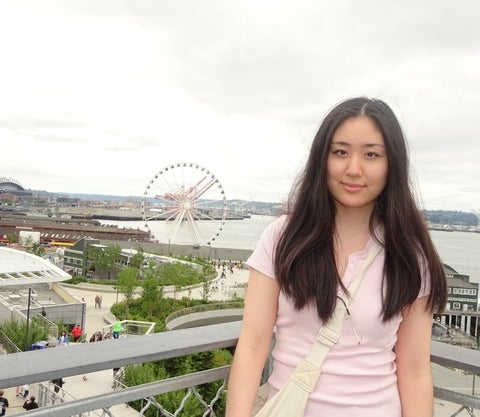 Christina Yang posing in front of a ferris wheel