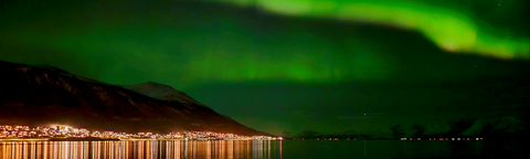 Northern lights over a town at night.