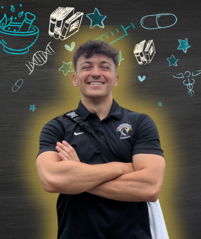 Daniel Proietti smiling in front of health related icons