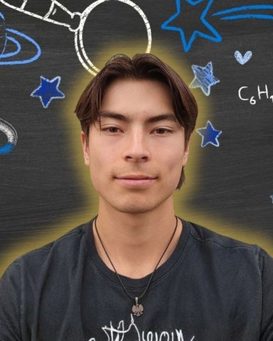 Ethan smiling/posing in front of science-related icons 