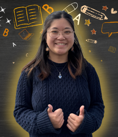 Miriam Tam smiling in front of art related icons