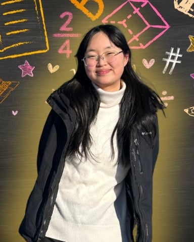 Hannah Choi smiling/posing in front of arts and math related icons 