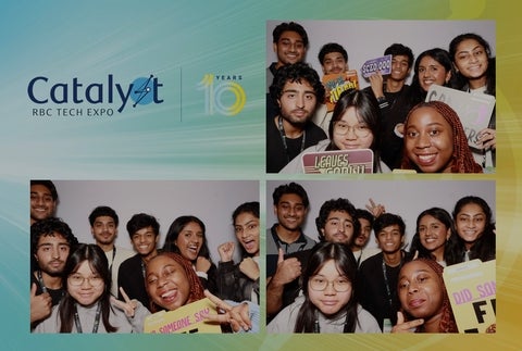 A group of students posing together in a photo booth at a Catalyzt event.