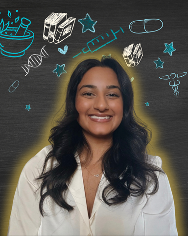 Kelly Ramnarais smiling in front of health related icons