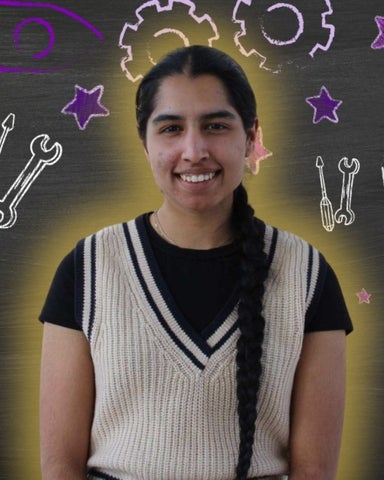 Harleen smiling/posing in front of enginerring-related icons 