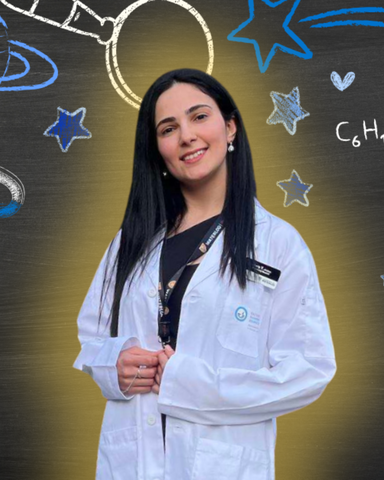 Mera Yousef smiling/posing in front of science-related icons 
