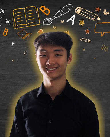 Nick Cahyono smiling with arts related icons in the background