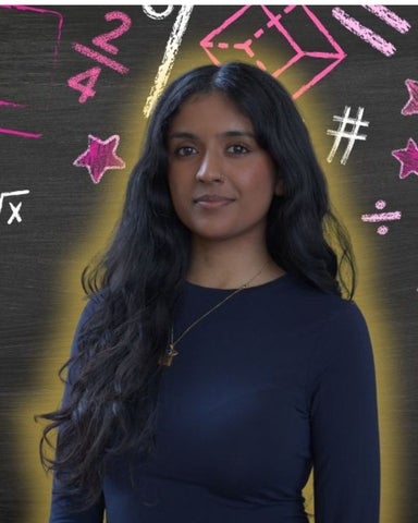 Rasana smiling/posing in front of math-related icons 
