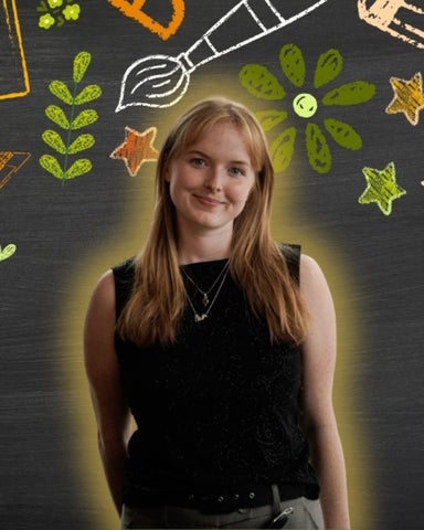Tara Linehan smiling in front of arts/environment-related icons 