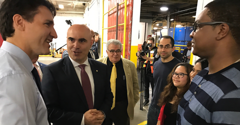 The Right Honourable Justin Trudeau, Prime Minister of Canada, John Zianis and co-op students at an event. (from left to right)