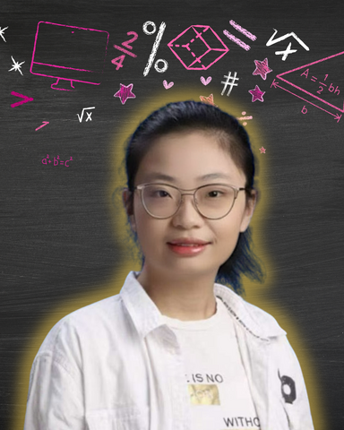 Yunxing Zhang smiling/posing in front of math related icons 