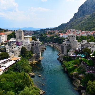 A view of a bridge and city scape in Bosnia