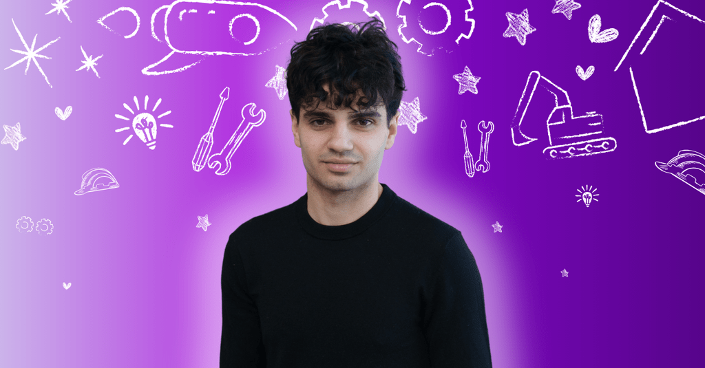 Aiden Sarrafzadeh posing in front of engineering related icons